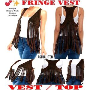 🛑 BULLY Dangling➕ FRINGE 🆒 VEST Mineral Wash TOP Boho Western JACKET💸BUYNOW‼️